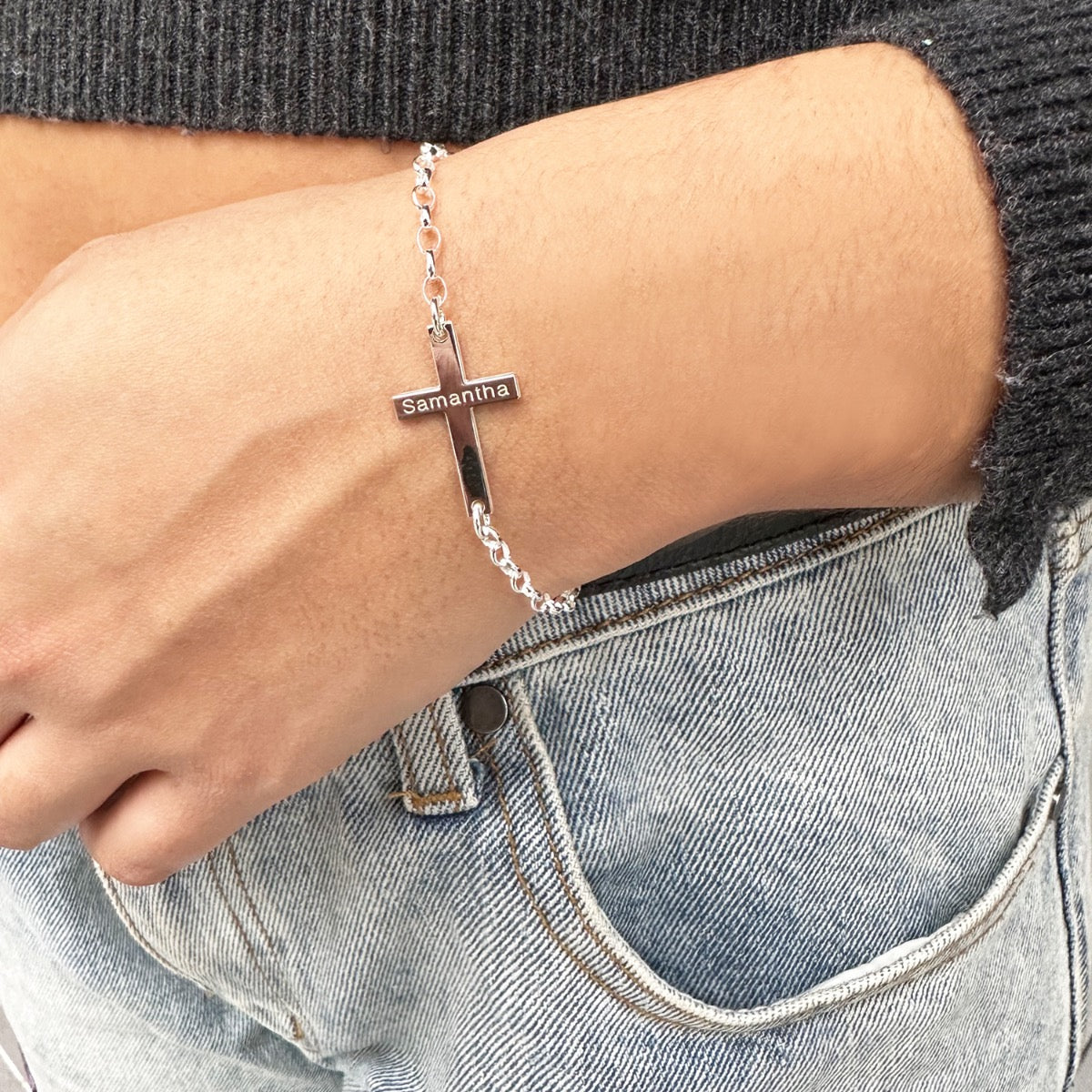 Sterling Silver Mens or Womens Engraved Cross Bracelet
