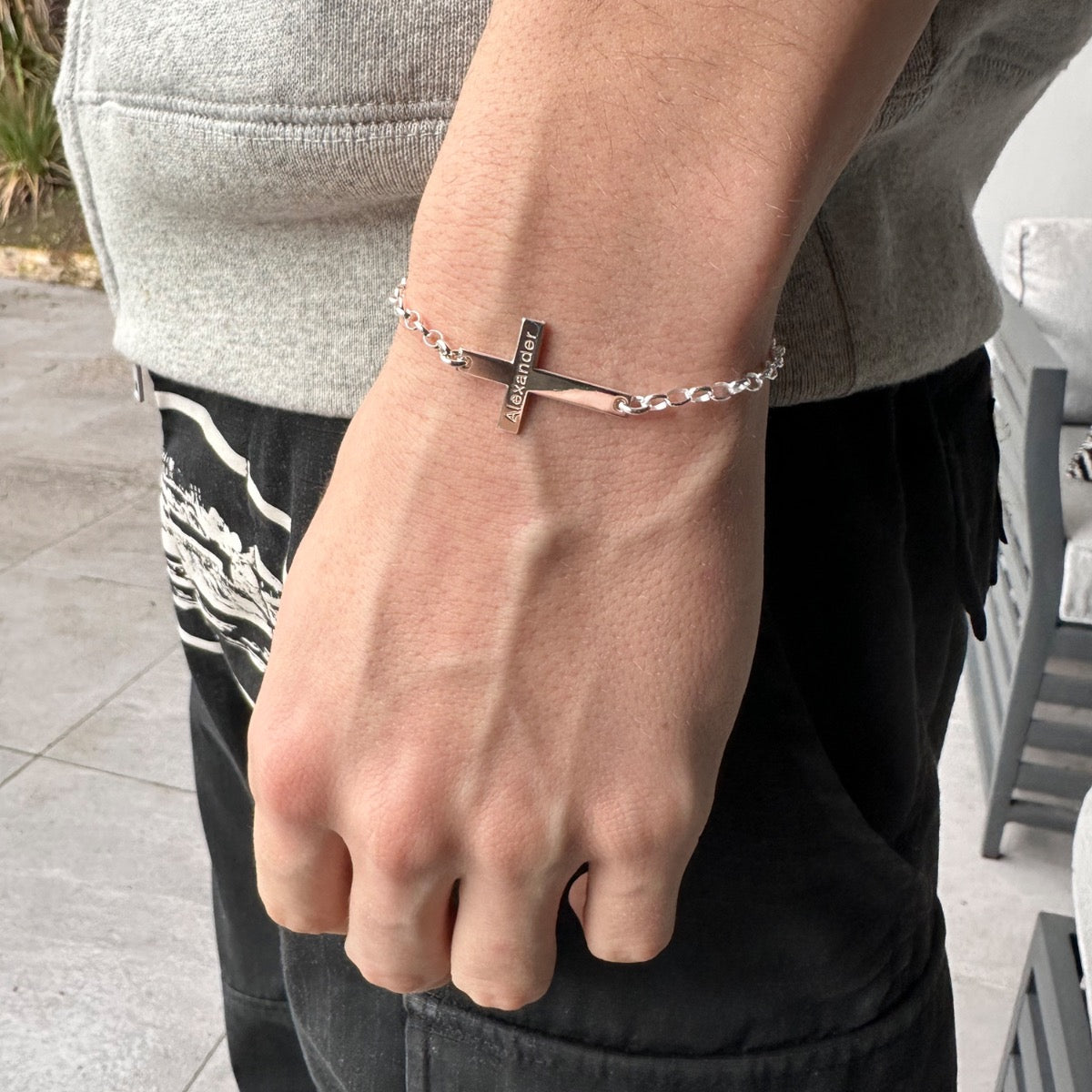 Sterling Silver Mens or Womens Engraved Cross Bracelet