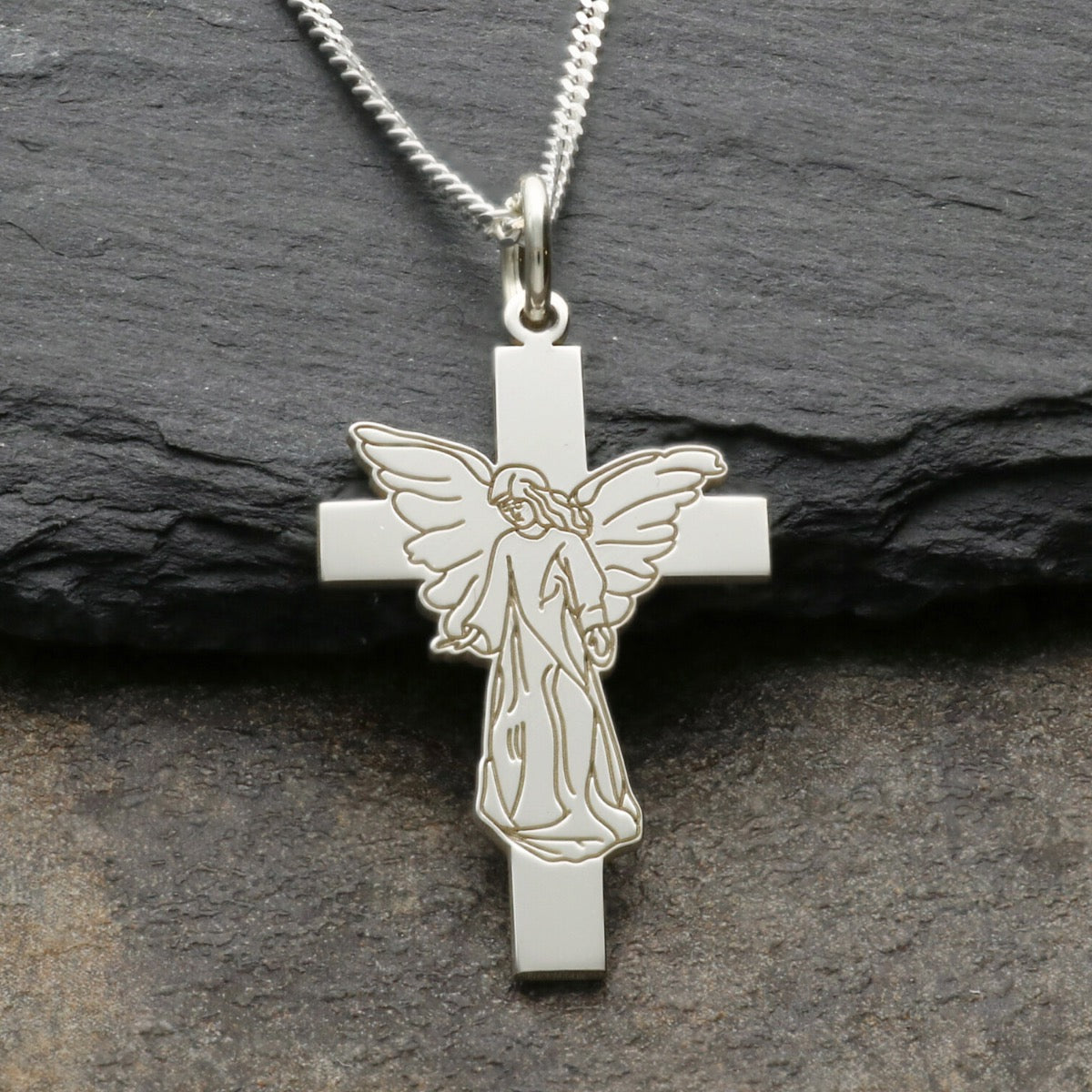 Sterling Silver Guardian Angel on Cross Pendant