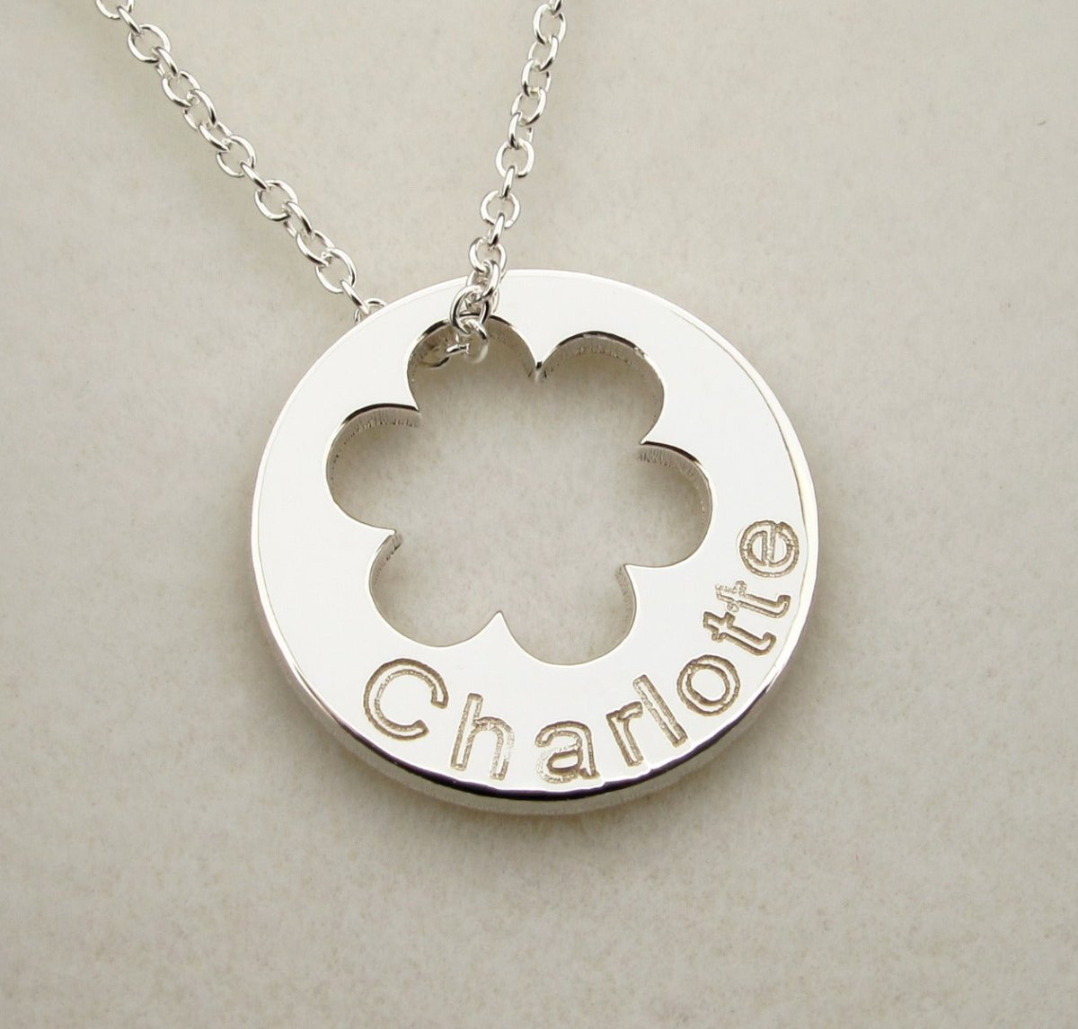 9ct White Gold Engraved Cut Out Flower Disc - Love Silver Jewellery