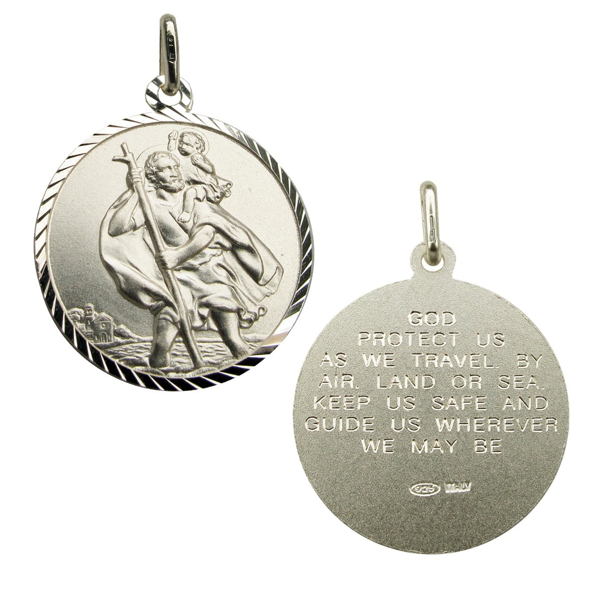 Sterling Silver Diamond Cut 20mm St Christopher Pendant With Travellers Prayer