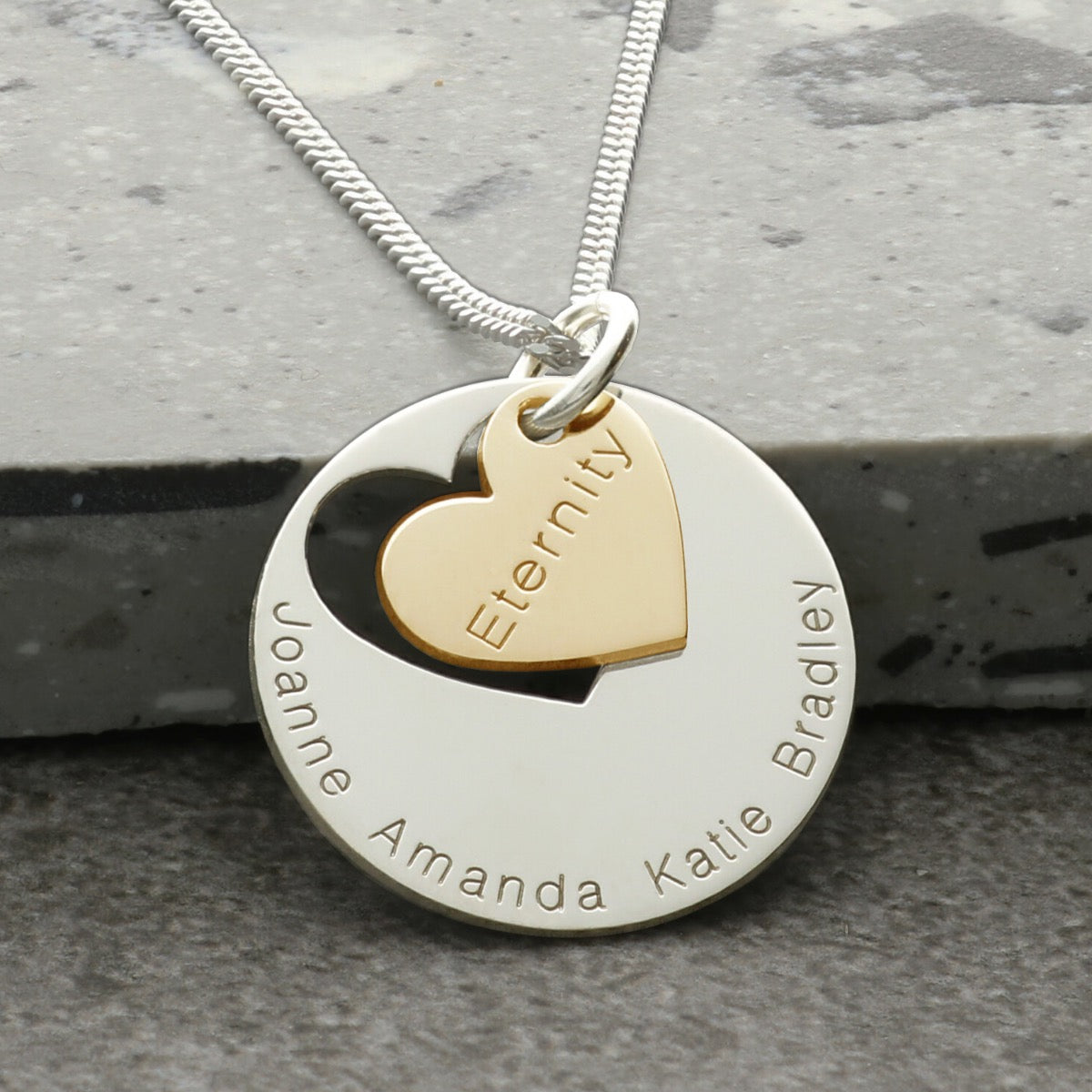 Sterling Silver Engraved Disc & Cut Out 9ct Yellow Gold Vermeil Heart Pendant with Optional Chain