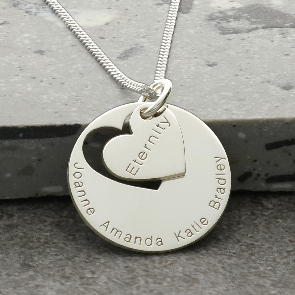 Sterling Silver Engraved Disc & Cut Out Heart Pendant with Optional Chain