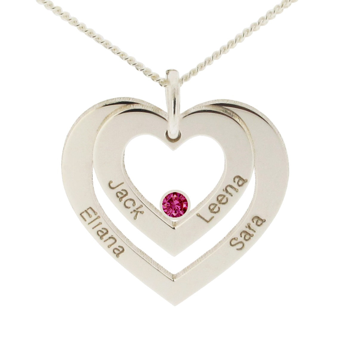 Sterling Silver Double Heart Personalised Necklace With Ruby