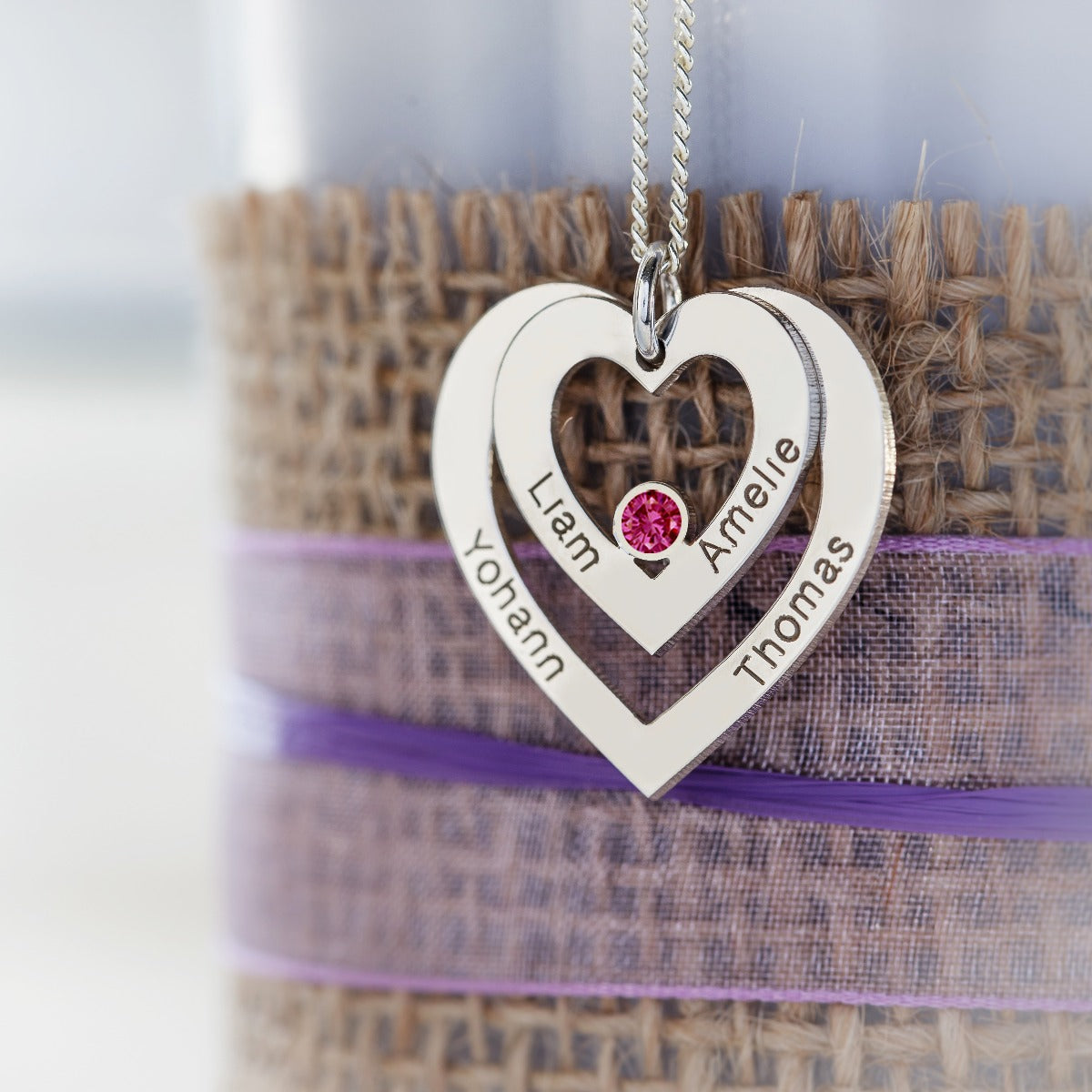 Sterling Silver Double Heart Personalised Necklace With Ruby