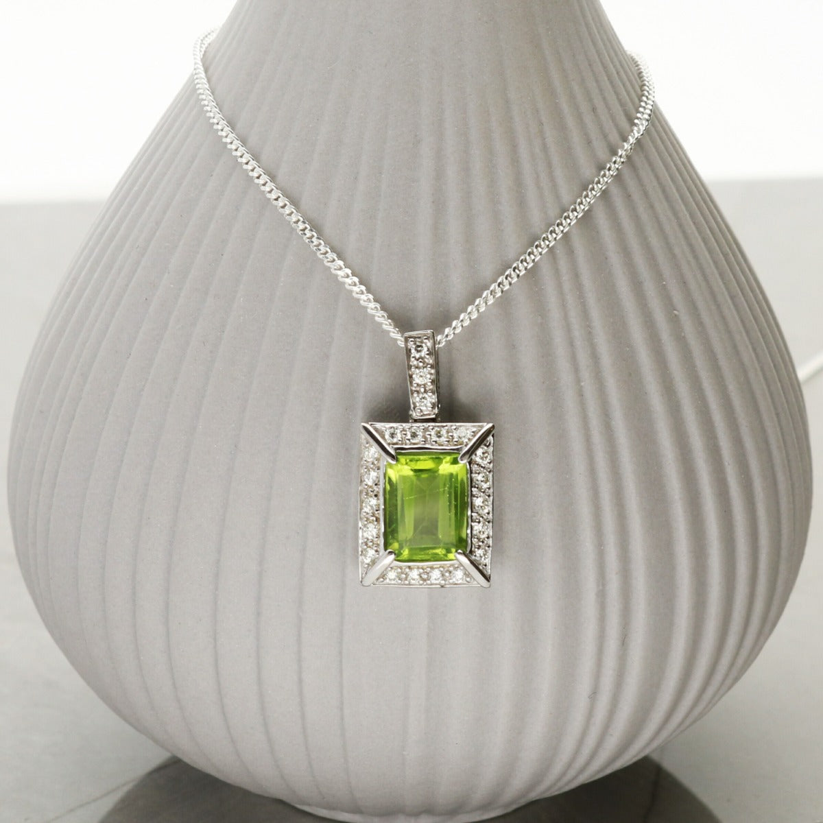 9ct White Gold & Diamond Set Rectangular Peridot Pendant With Optional Chain