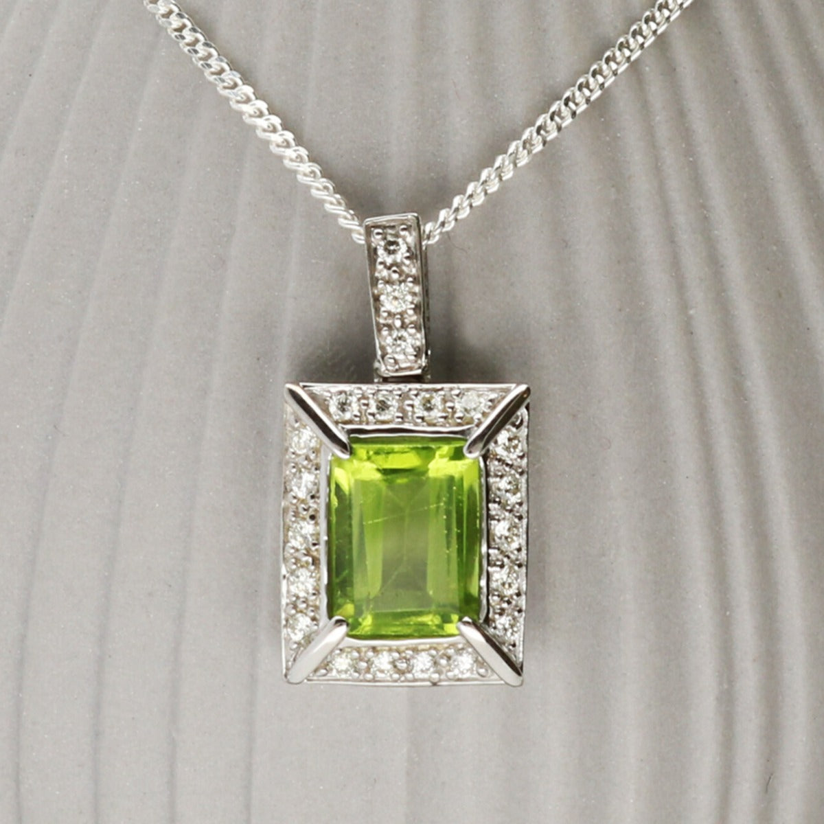 9ct White Gold & Diamond Set Rectangular Peridot Pendant With Optional Chain