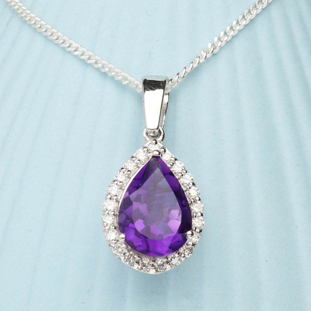 Teardrop Amethyst Pendant Set In 9ct White Gold & Diamonds With Optional Chain