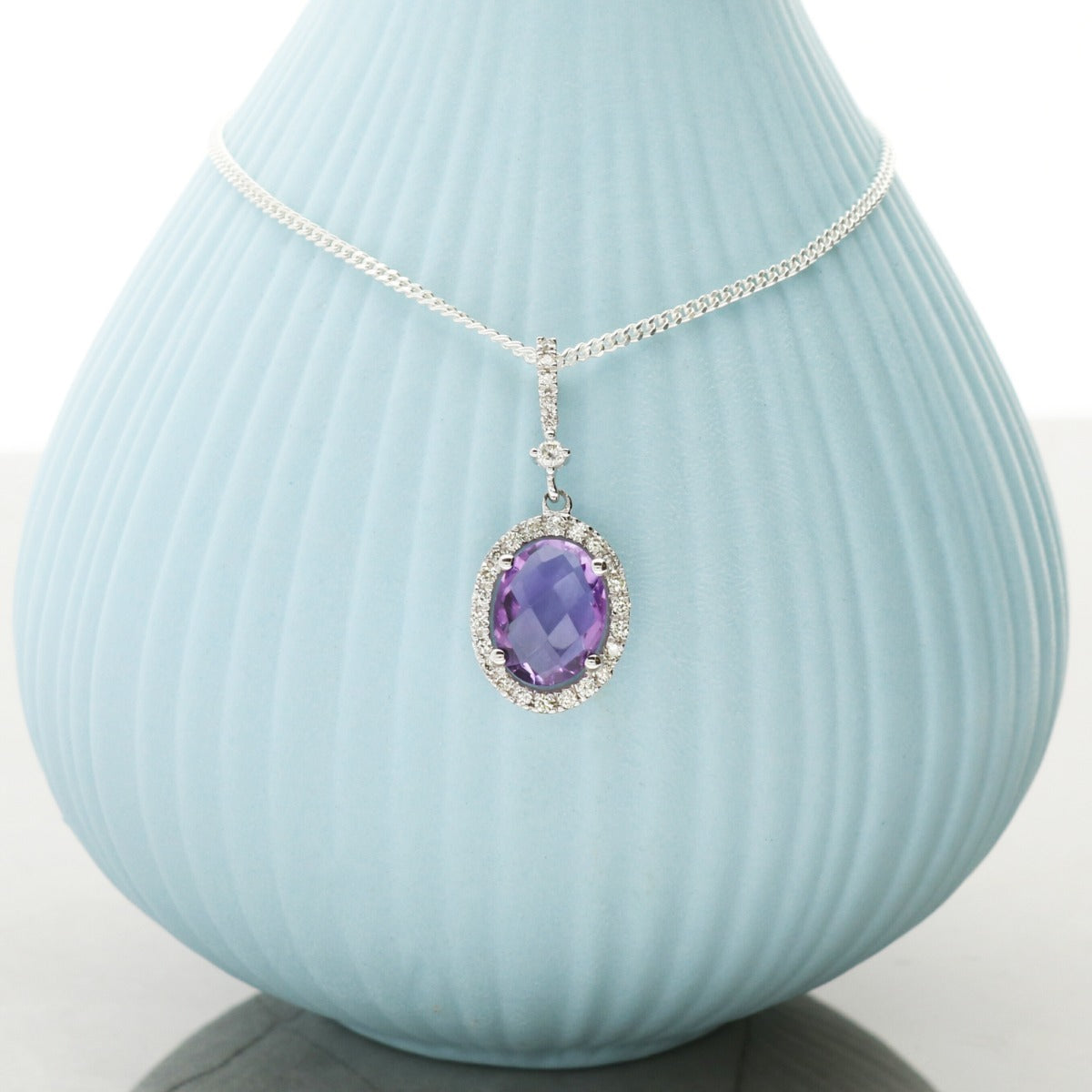 Oval Amethyst Pendant Set In 9ct White Gold & Diamonds With Optional Chain