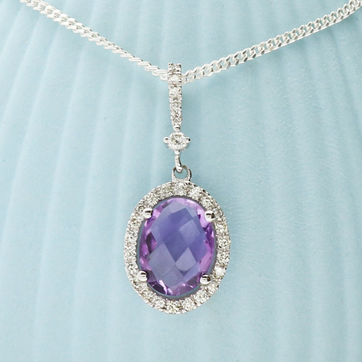 Oval Amethyst Pendant Set In 9ct White Gold & Diamonds With Optional Chain