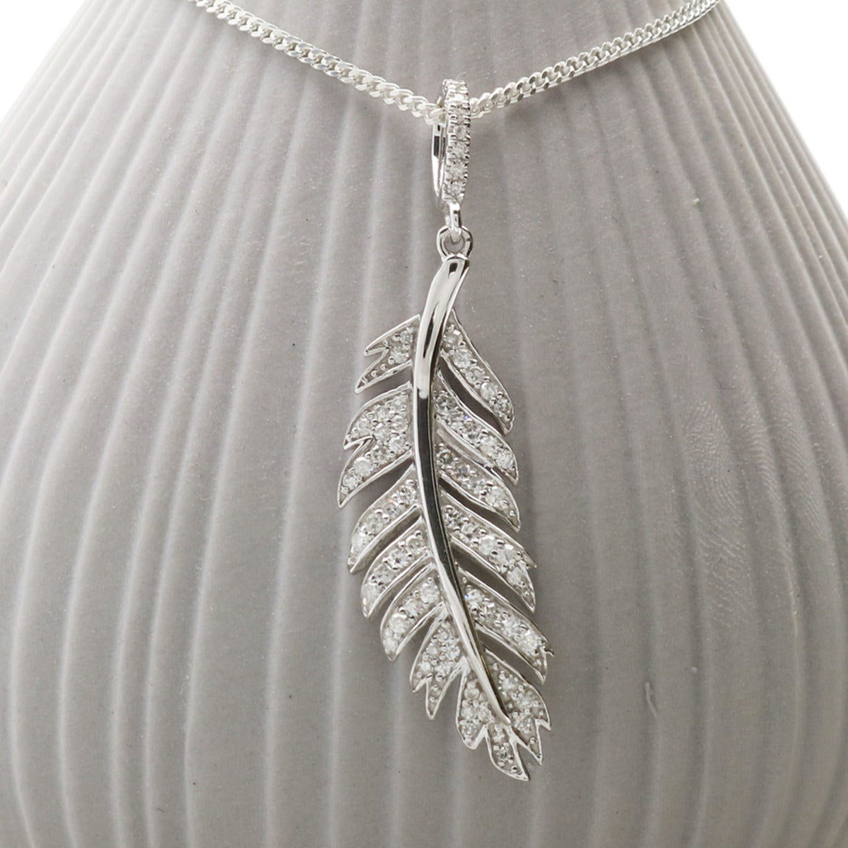 9ct White Gold Diamond Set Feather Pendant & Optional Chain