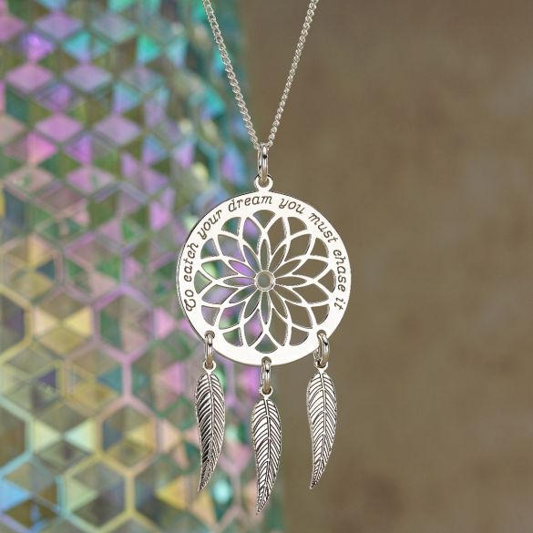 Sterling Silver Dream Catcher and Feathers Necklace With Crystal