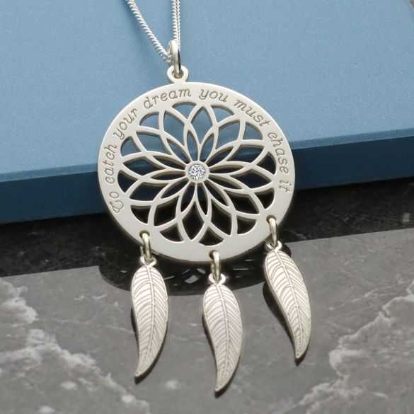 Sterling Silver Dream Catcher and Feathers Necklace With Crystal