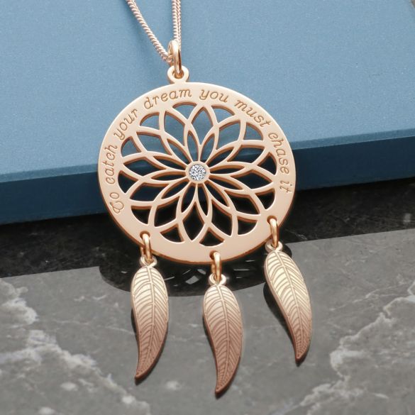 9ct Rose Gold Dream Catcher and Feathers Necklace With Crystal