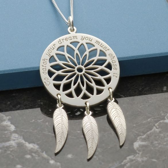 Sterling Silver Dream Catcher and Feathers Necklace