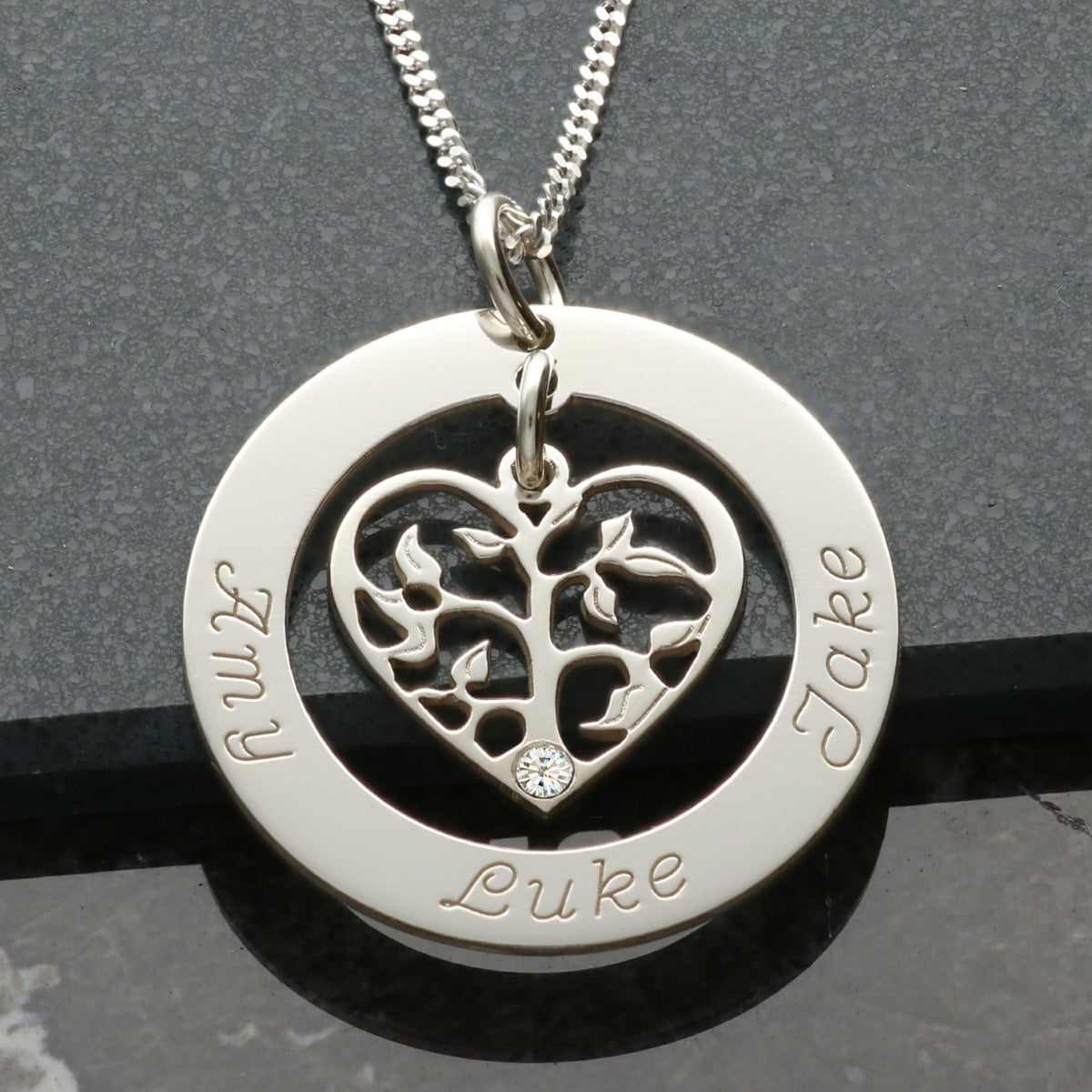 9ct White Gold Filigree Heart Tree of Life Family Necklace With Diamond