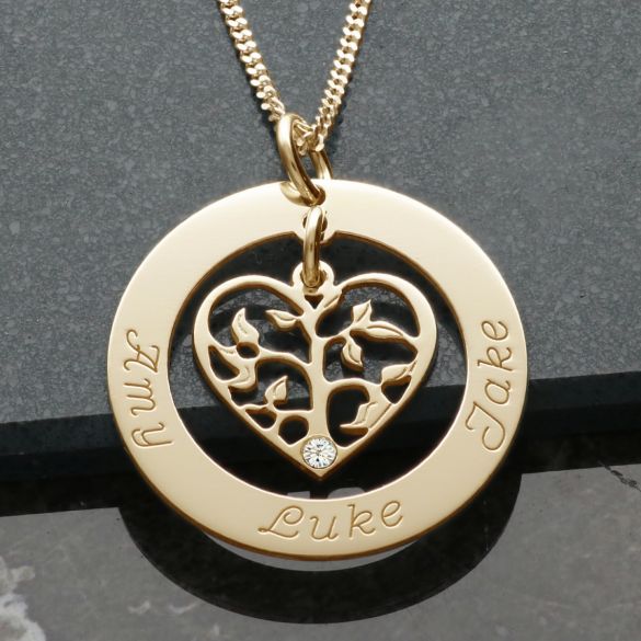 9ct Yellow Gold Vermeil Filigree Heart Tree of Life Family Necklace With Crystal Or Real Diamond