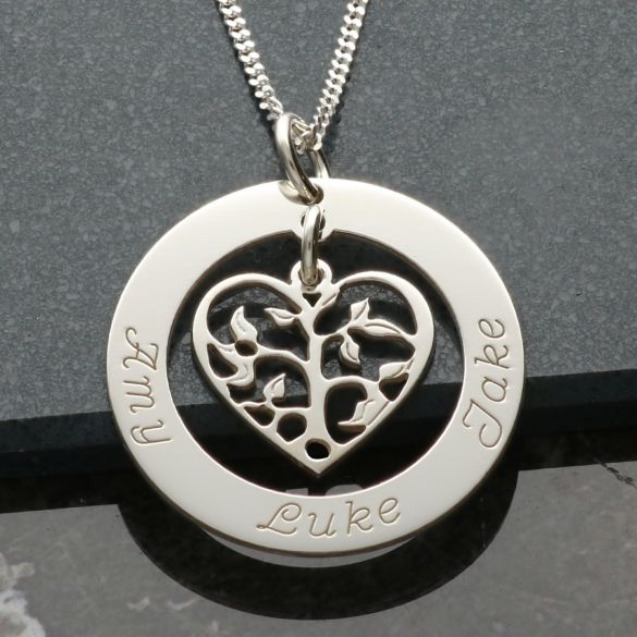 9ct White Gold Filigree Heart Tree of Life Family Necklace