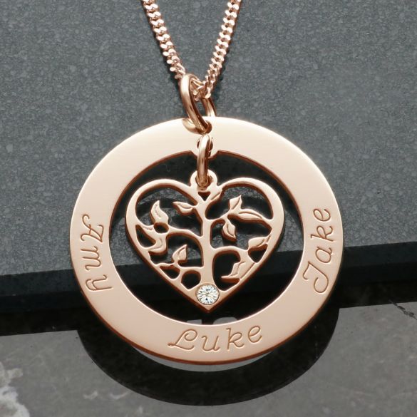 9ct Rose Gold Vermeil Filigree Heart Tree of Life Family Necklace With Crystal Or Real Diamond