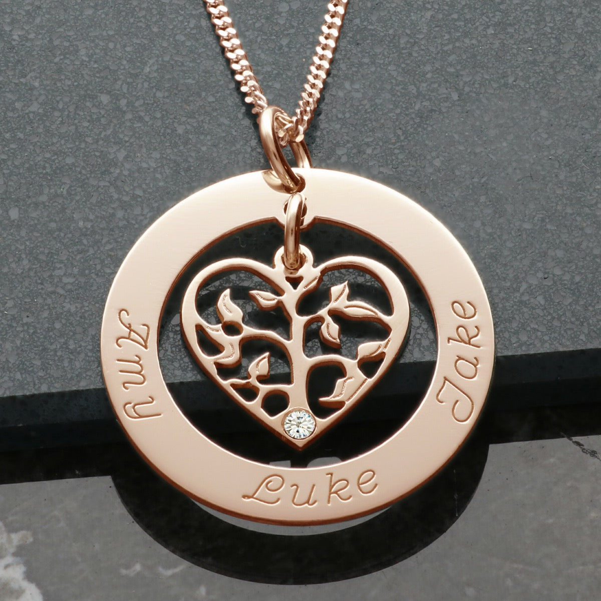 9ct Rose Gold Vermeil Filigree Heart Tree of Life Family Necklace With Crystal Or Real Diamond