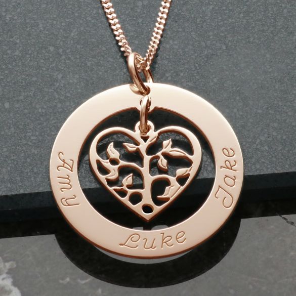 9ct Rose Gold Vermeil Filigree Heart Tree of Life Family Necklace