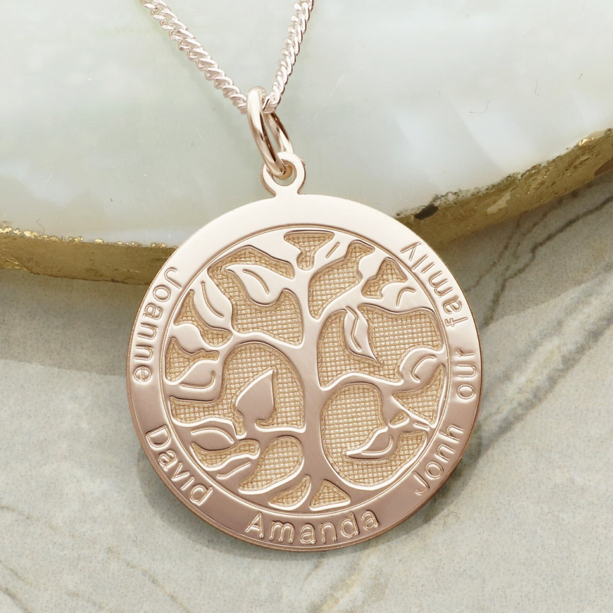 9ct Rose Gold Vermeil 3D Tree of Life Filigree Disc Family Necklace