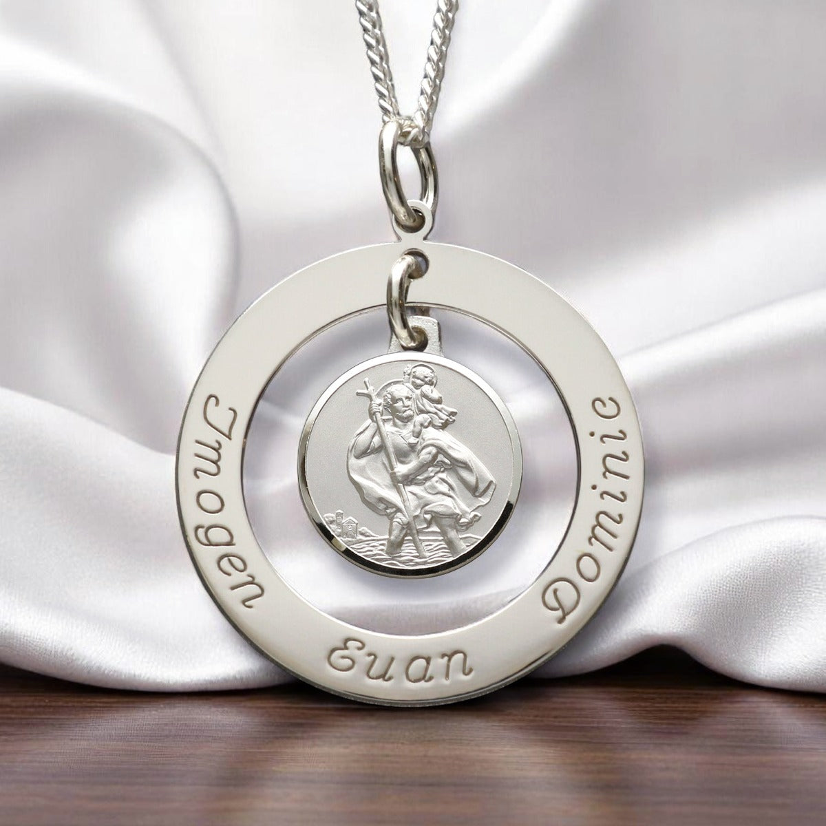 Sterling Silver Personalised Family Necklace with Hanging St Christopher Medal