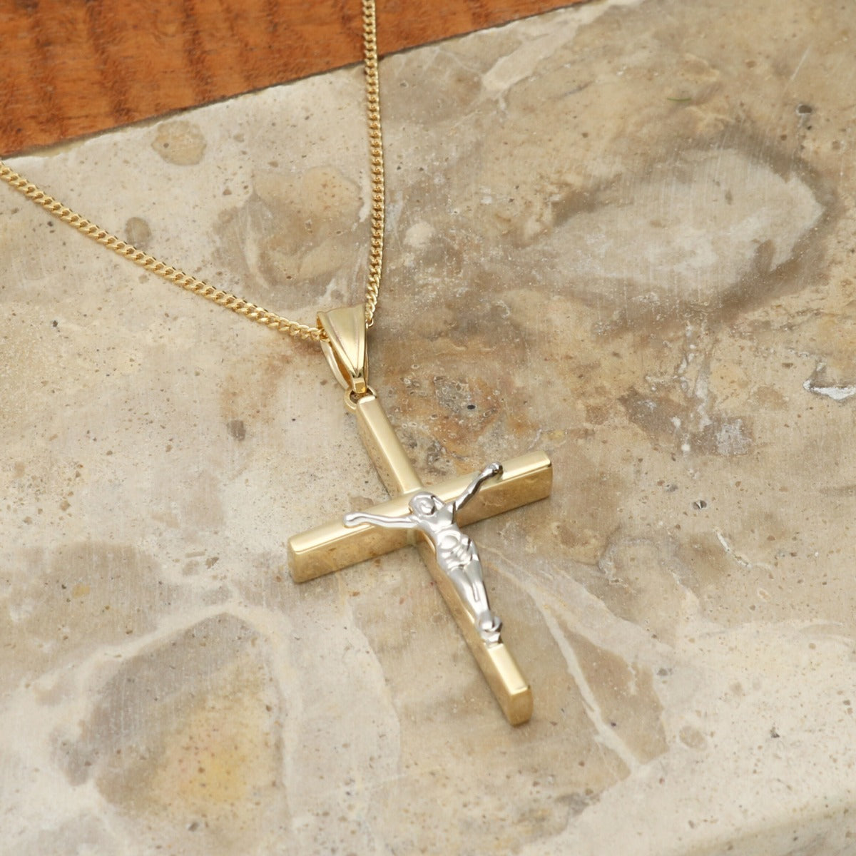 9ct Yellow Gold & 9ct White Gold Hollow Crucifix Pendant and Optional Chain