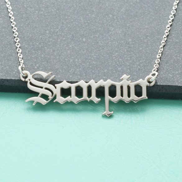 9ct White Gold Gothic Old English Zodiac Necklace