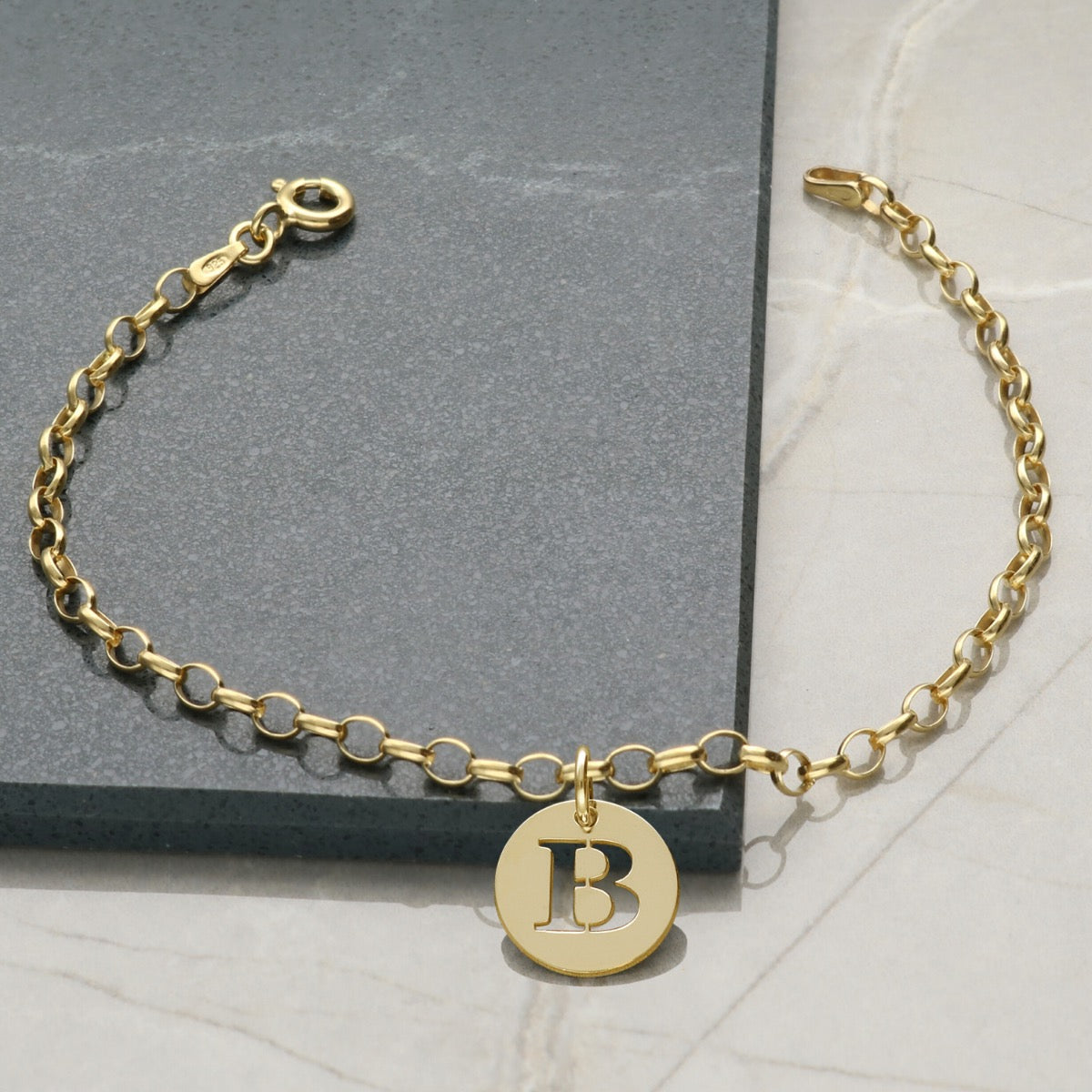 9ct Yellow Gold Vermeil Belcher Anklet With Initial Disc Charm