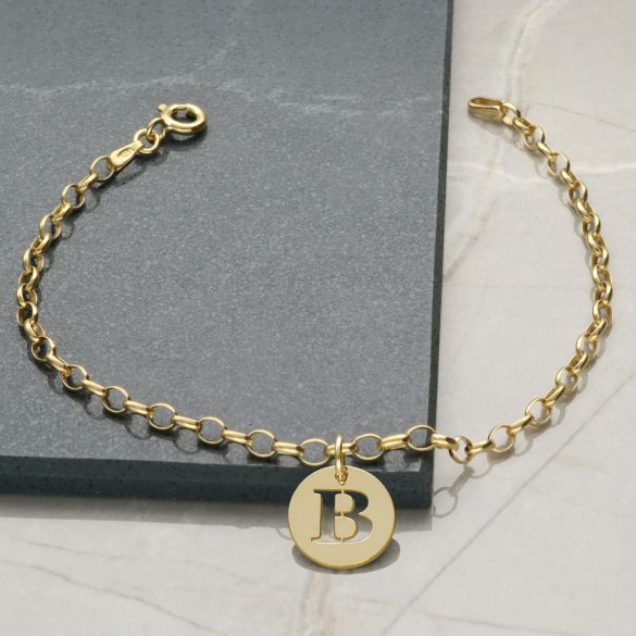 9ct Yellow Gold Vermeil Bracelet With Initial Disc Charm & Chain Style Choice