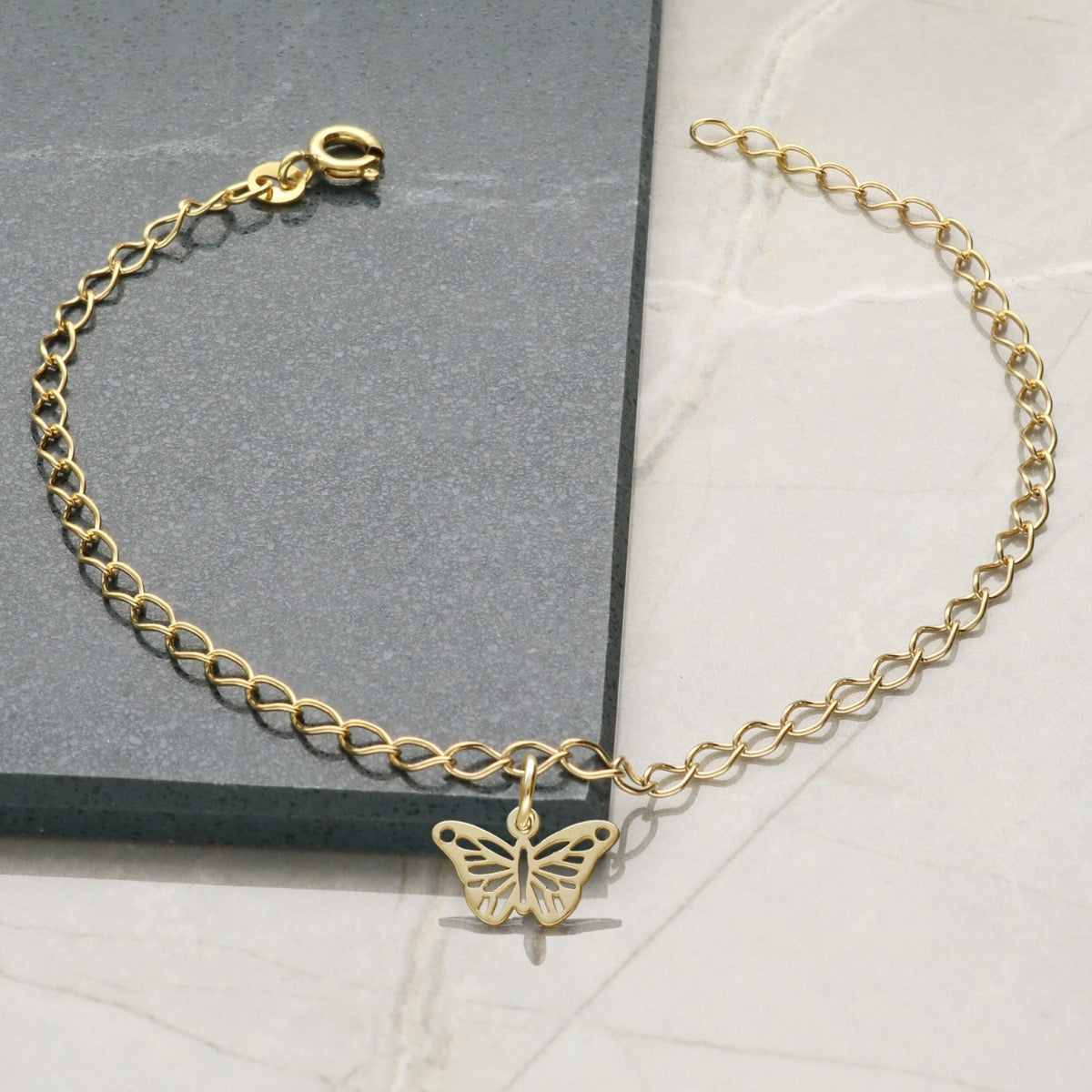 9ct Yellow Gold Vermeil Curb Anklet With Butterfly Charm 