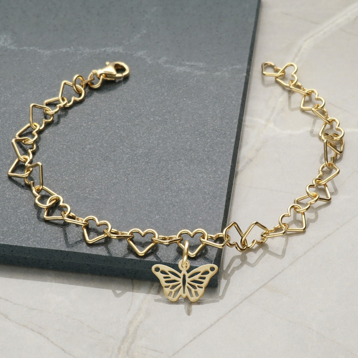9ct Yellow Gold Vermeil Light Heart Charm Anklet With Butterfly Charm 