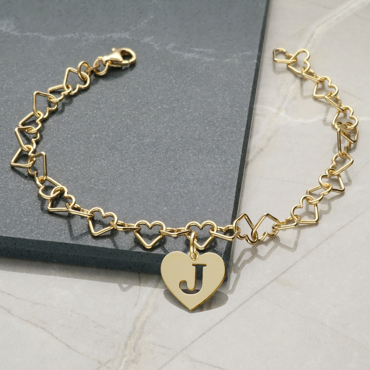 9ct Yellow Gold Vermeil Light Heart Charm Anklet With Initial Heart Charm On Foot
