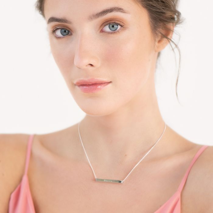 Sterling Silver 3D Horizontal Engraved Name Bar Pendant With Crystal Or Real Diamond & Chain