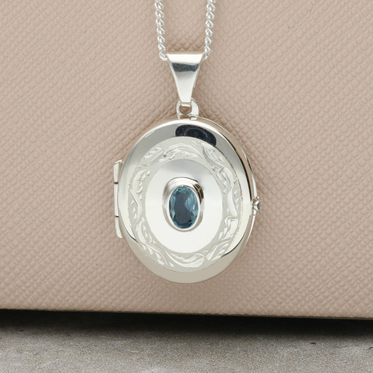 Sterling Silver Oval Locket With Blue Topaz & Optional Engraving