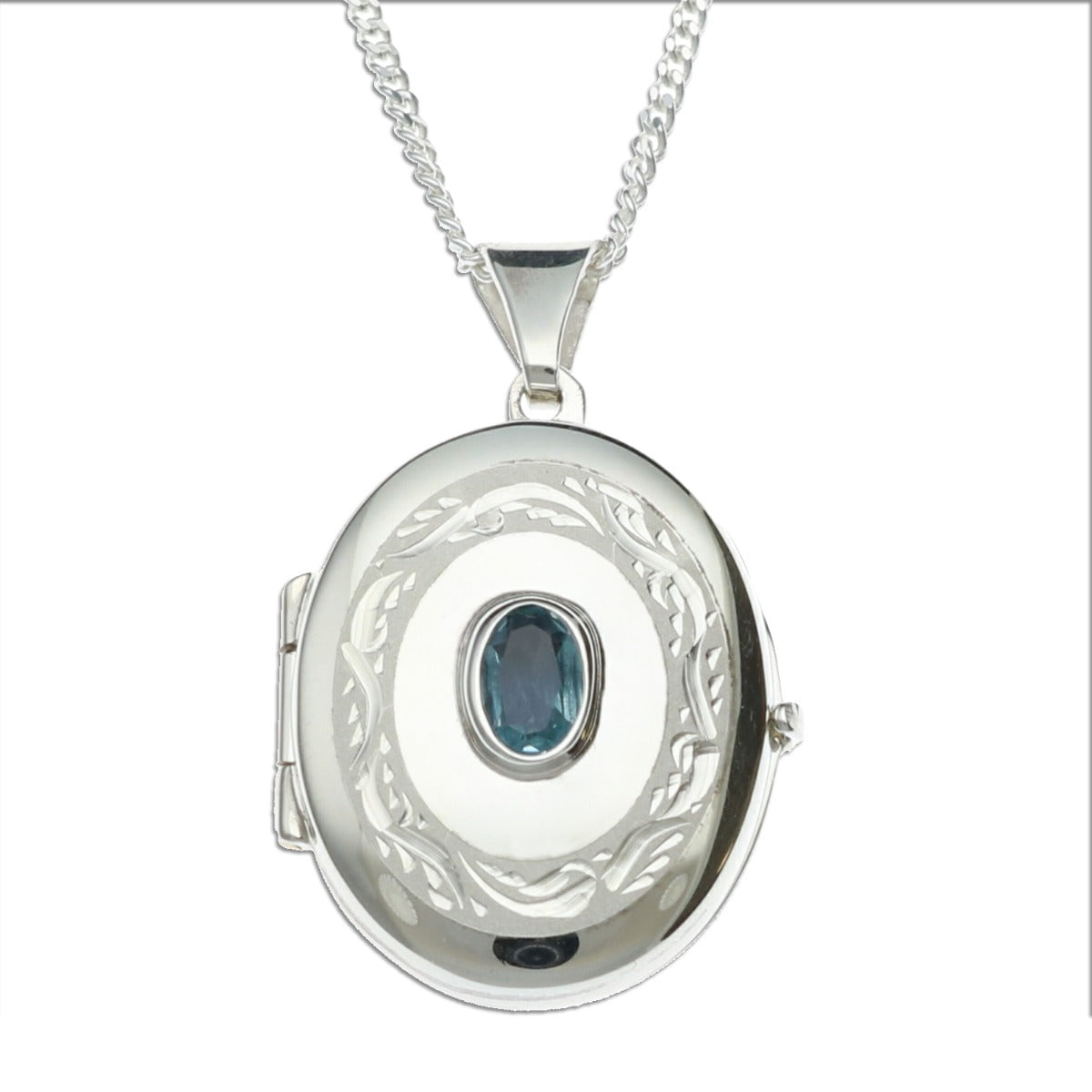Sterling Silver Oval Locket With Blue Topaz & Optional Engraving