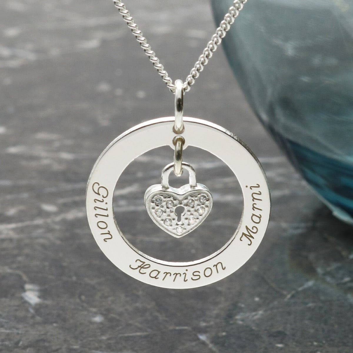 Sterling Silver Family Necklace with Hanging CZ Heart Locket