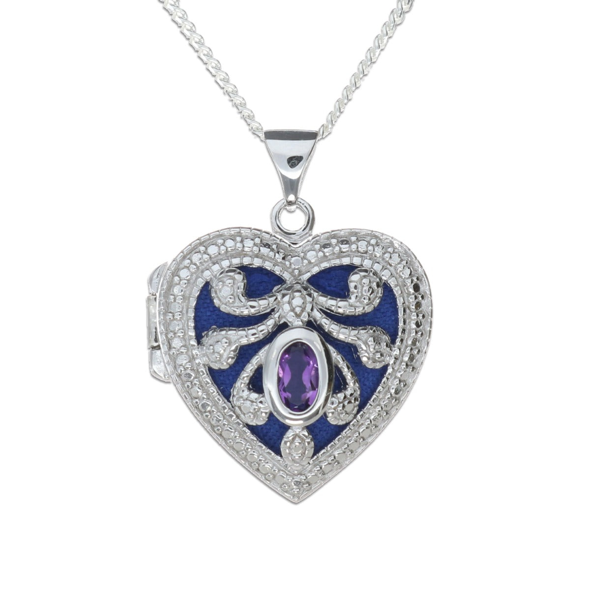 Sterling Silver Heart Locket Set With CZ & Amethyst With Optional Engraving
