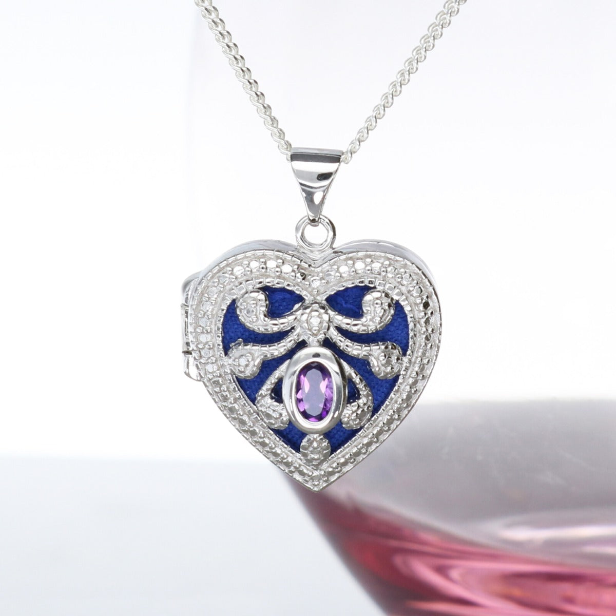 Sterling Silver Heart Locket Set With CZ & Amethyst With Optional Engraving