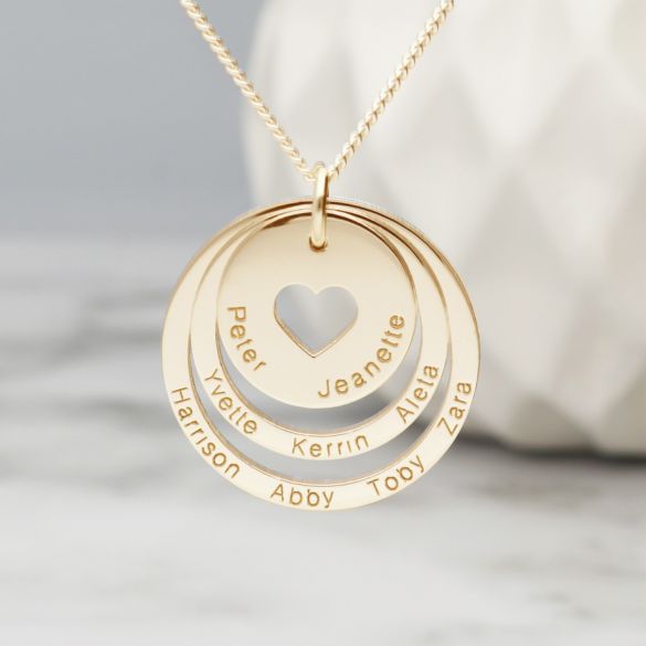9ct Yellow Gold Vermeil Two Disc Cut Out Heart Personalised Family Necklace