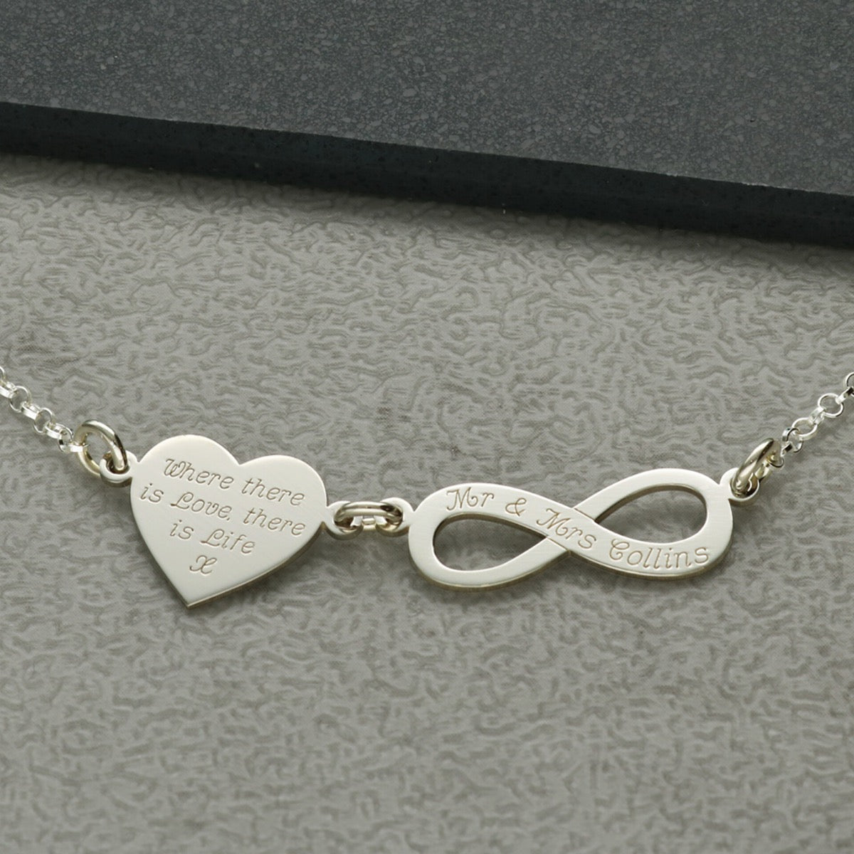 Sterling Silver Engraved Heart and Infinity Necklace