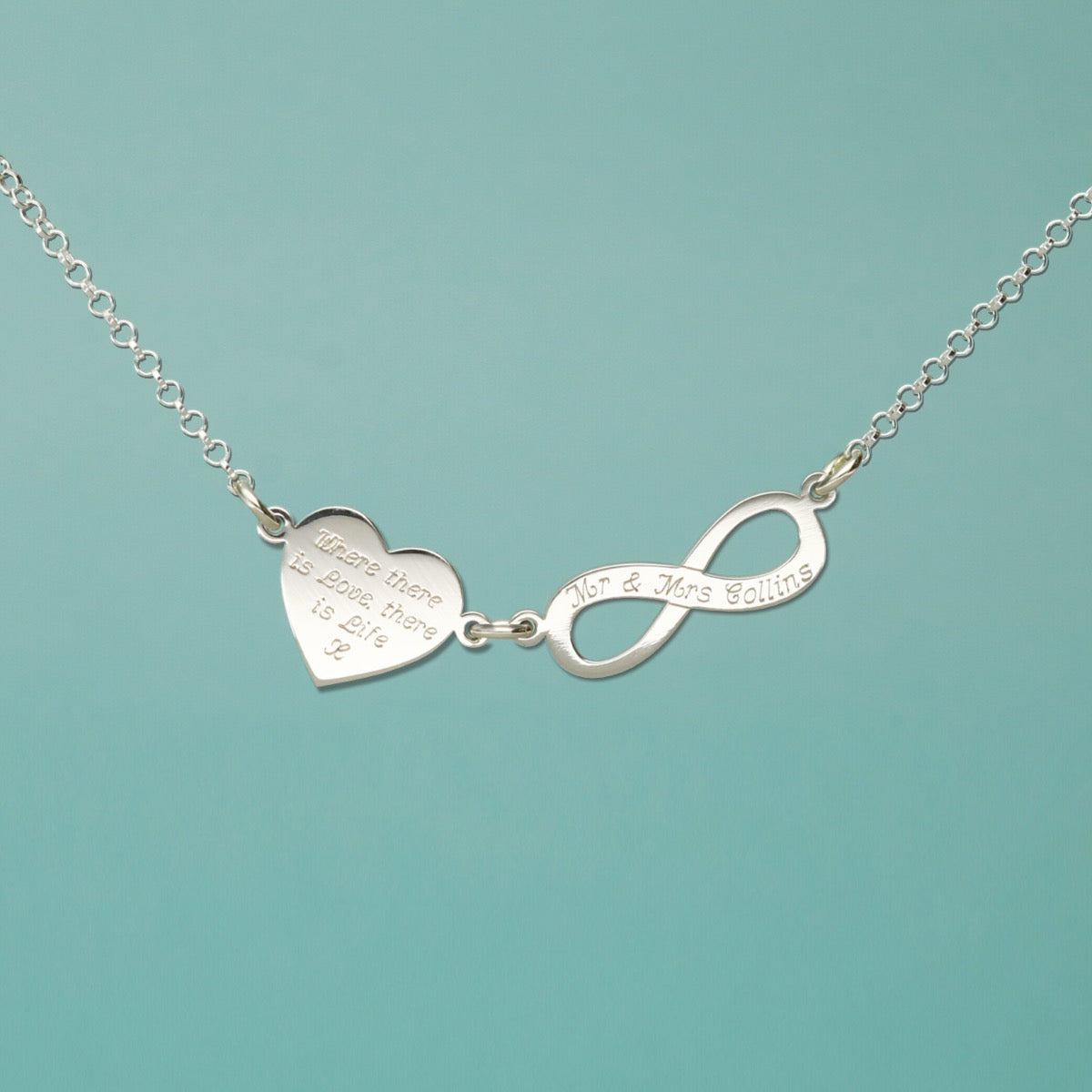Sterling Silver Engraved Heart and Infinity Necklace