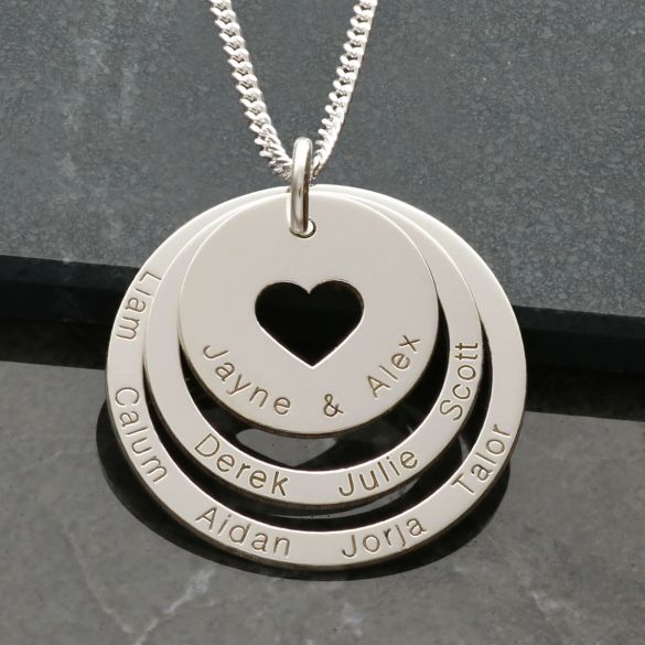 Sterling Silver Two Disc Cut Out Heart Personalised Family Necklace