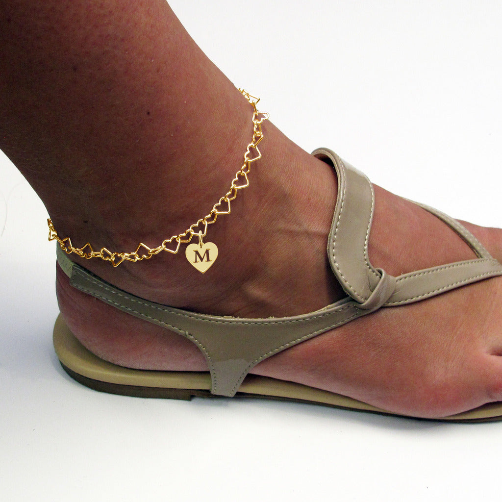 9ct Yellow Gold Vermeil Light Heart Charm Anklet With Initial Heart Charm On Foot