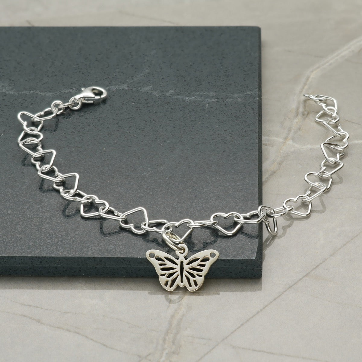 Sterling Silver Light Heart Charm Anklet With Butterfly Charm