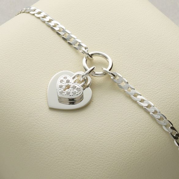 Sterling Silver Ladies Heart With CZ Locket Bracelet With Optional Engraving