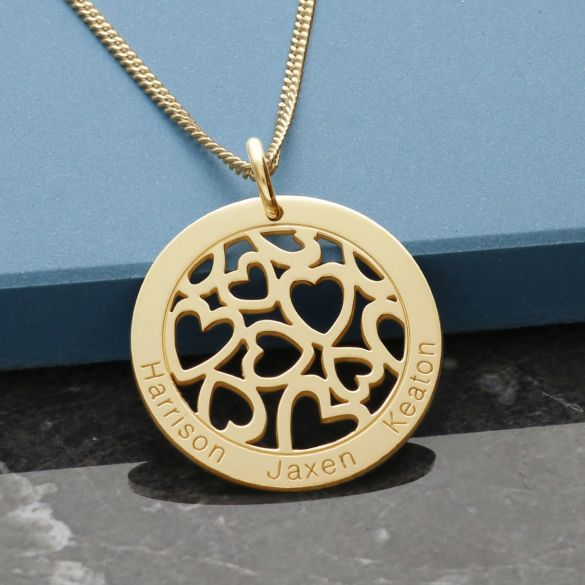 Yellow Gold Vermeil Hearts in Engraved Disc Necklace