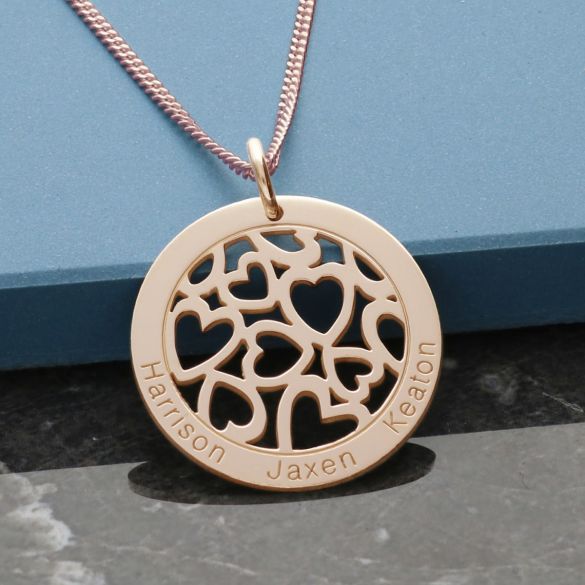9ct Rose Gold Hearts in Engraved Disc Necklace