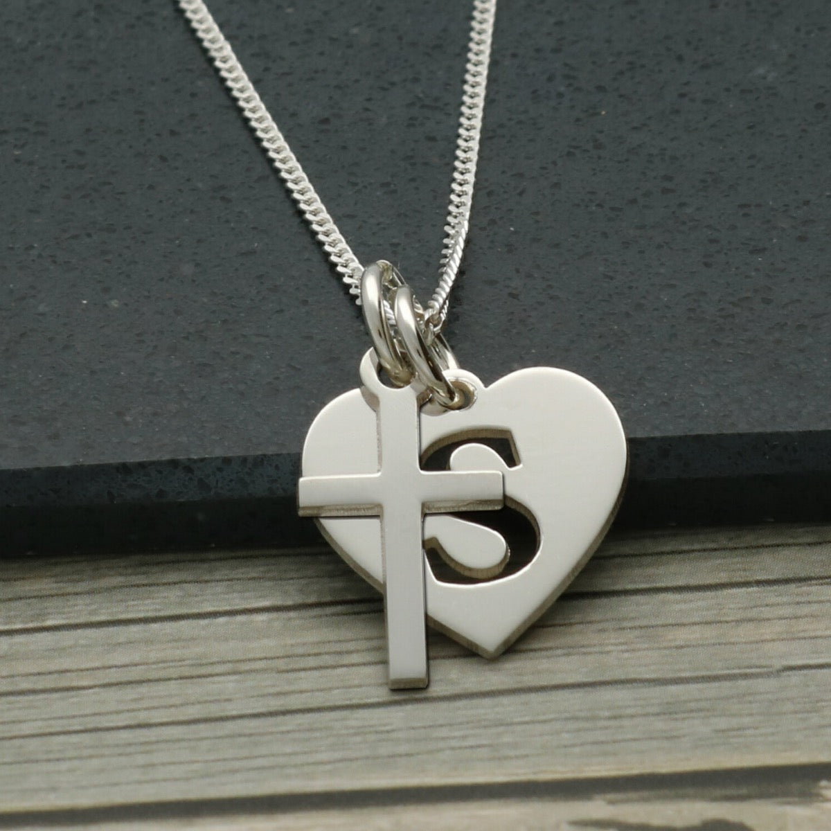 Sterling Silver Initial Heart and Cross Pendants